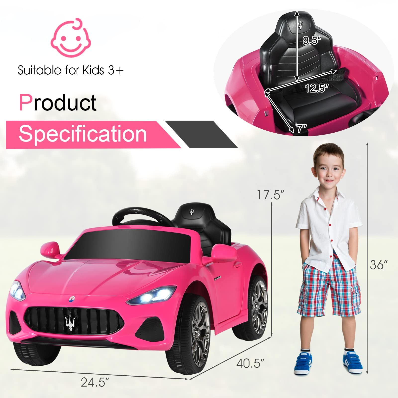Pink Ride On Car, Licensed Maserati 12V Battery Powered Electric Car for Kids wi