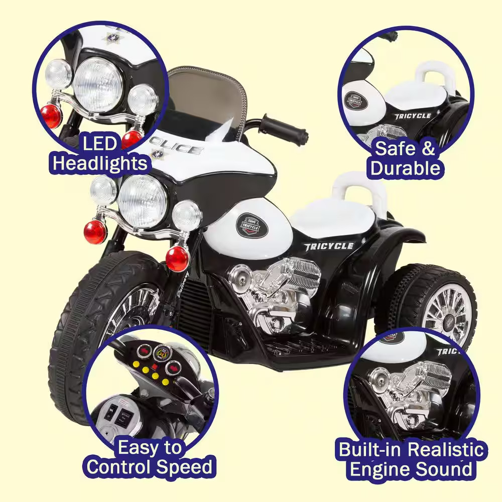 3-Wheel Battery Powered Ride on Toy Motorcycle Police Chopper in Black