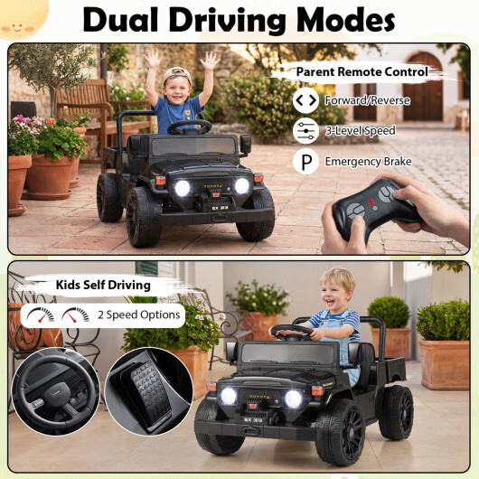 12V Electric Ride On Truck with Dump Bed and Music Licensed Toyota-Black – Color