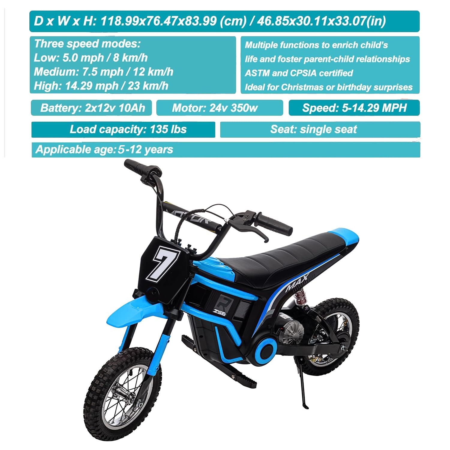 Kids Ride On Motorcycle 24V Battery Powered Electric Motocross Dirt Bike ,Gift