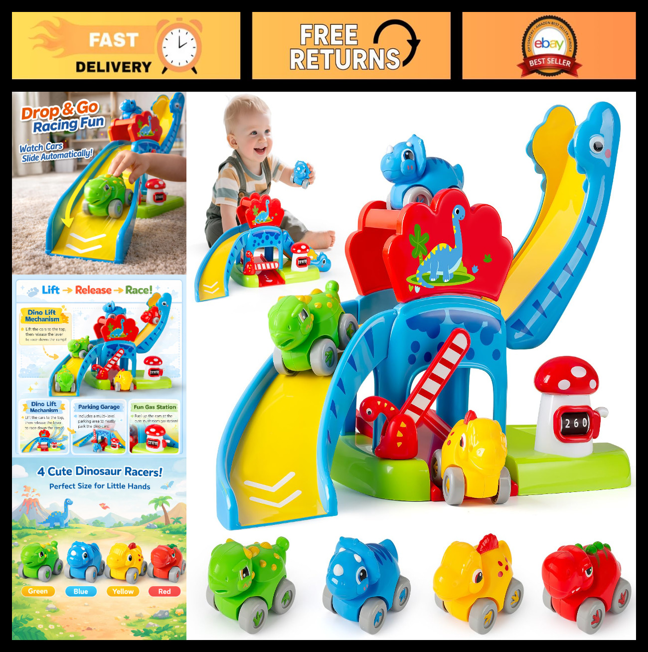 Dinosaur Car Ramp Toy for Toddlers 1-3, Drop & Go Racer with 4 Mini Cars, Educat