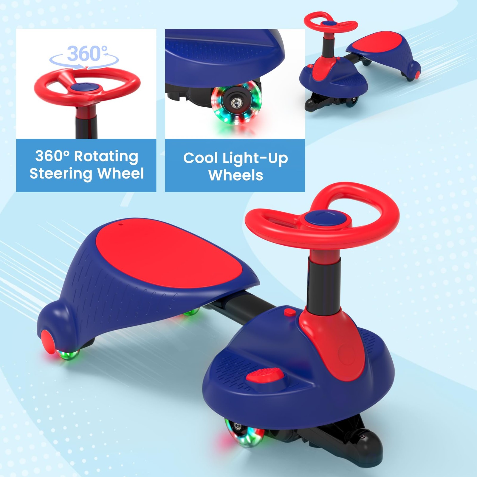 GOBOKLE 6V Electric Wiggle Ride-On Toy 3+, 2-in-1 Fun, Music, LED, Safe Blue