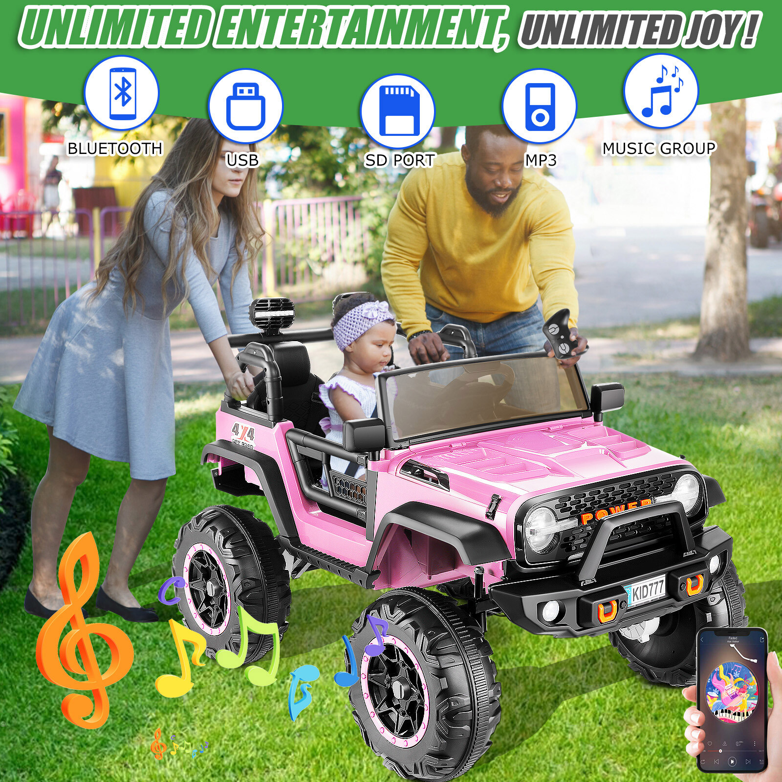 24V Kids Ride On Car,2Seater 400W Electric Vehicle Truck Jeep 4WD/2WD Switchable