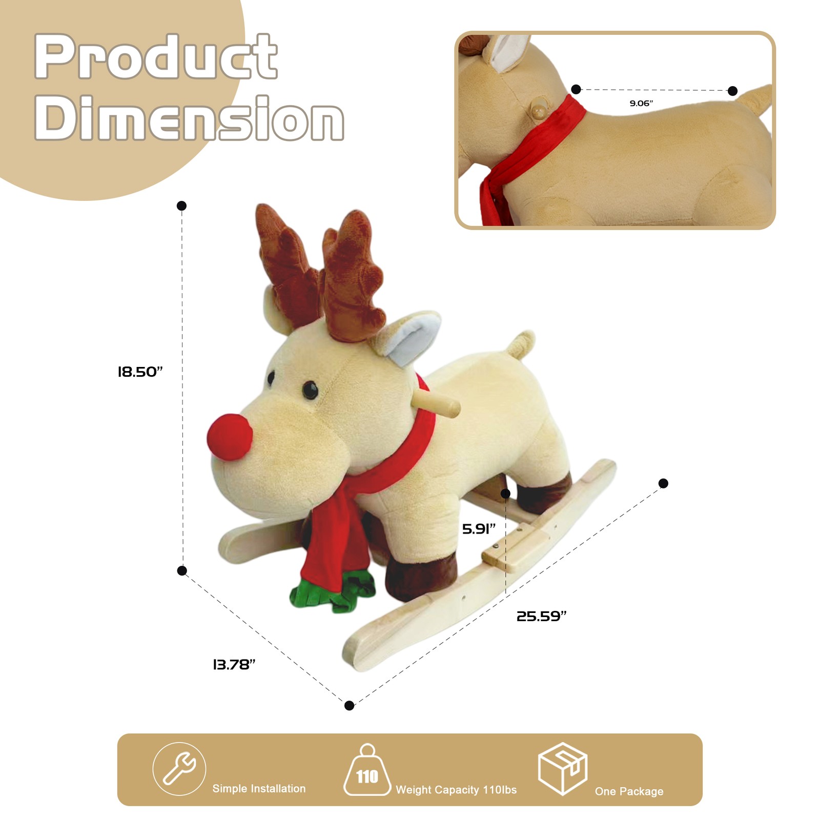 Kids Plush Moose Rocking Ride-On Toy Music Safety Belt 1-3 Years CPC Certified