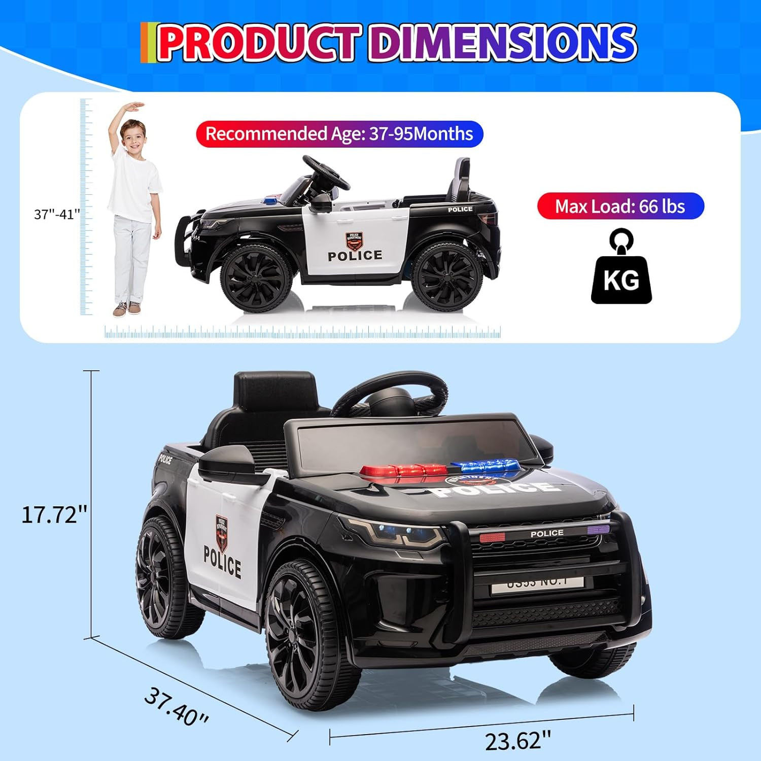 12V Police Car Ride on Electric Car for Kids, Battery Powered Ride-On Toys with