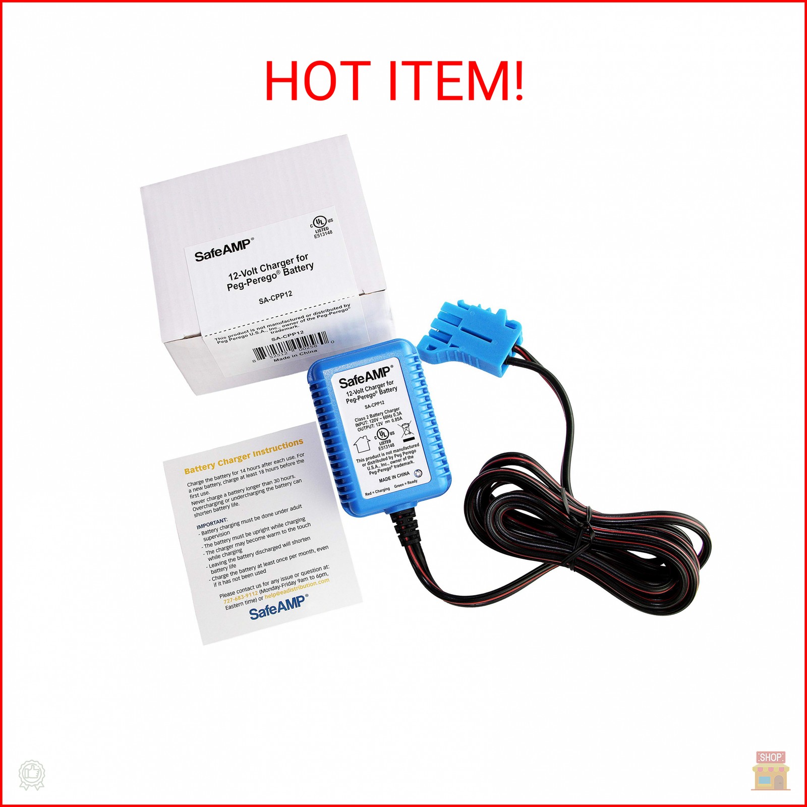 SafeAMP 12 Volt UL Listed Battery Charger Compatible with Peg Perego® 12V Batter