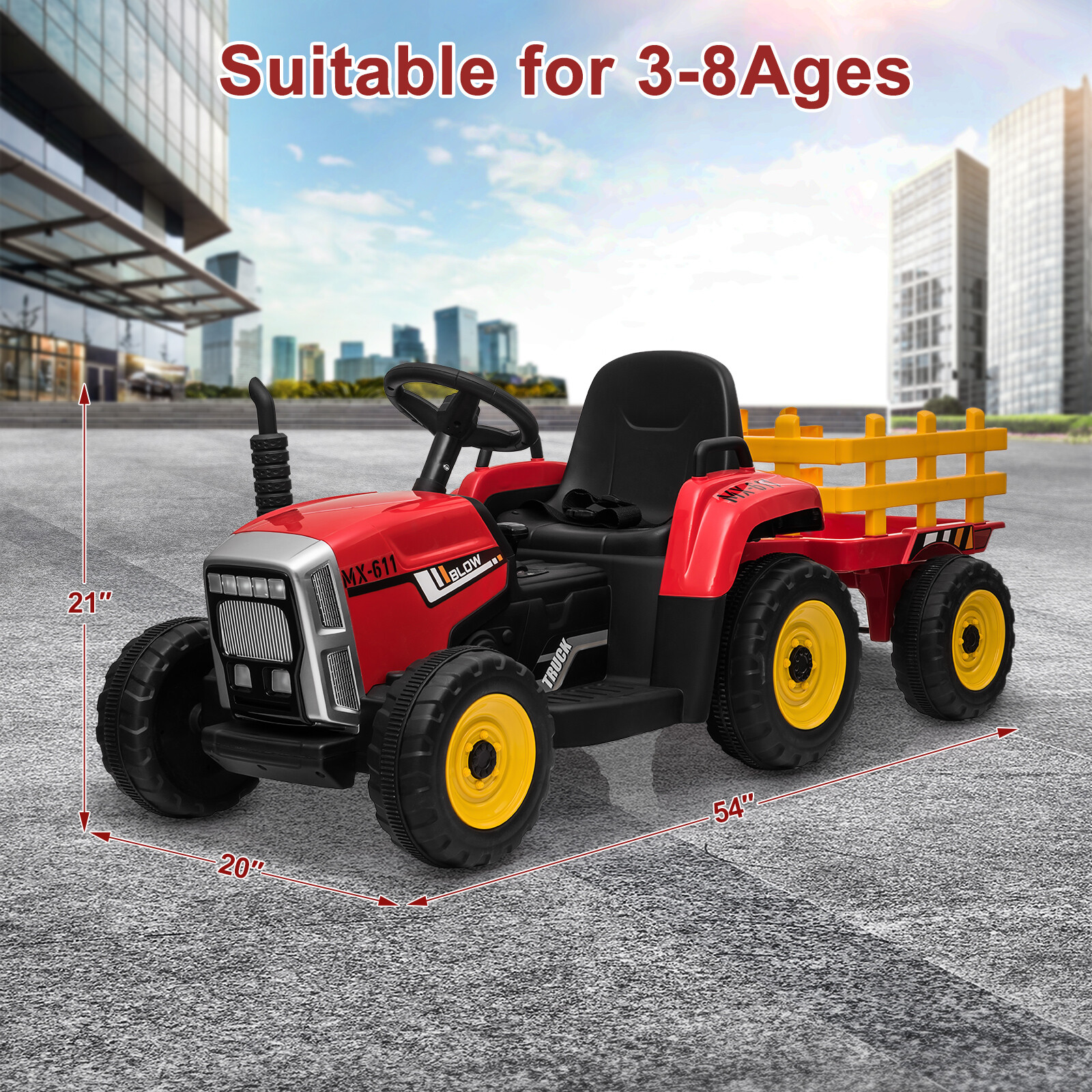 12V Kids Ride On Tractor Car with Trailer Electric Vehicle Toy w/ RC LED MP3 Red