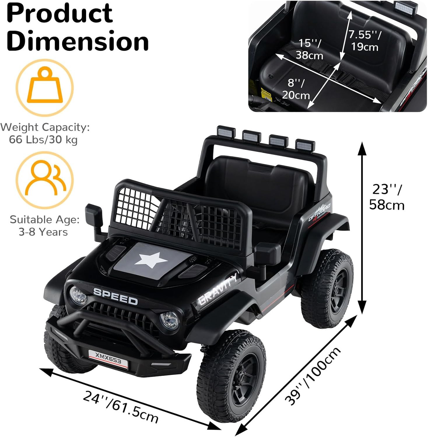 24V Ride on Car with Remote Control, Bluetooth, LED Lights, Horn, Spring Suspens