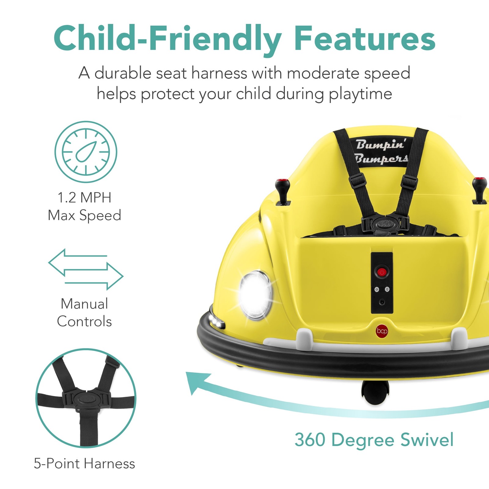Yellow 6V Kids Ride On Bumper Car Remote 360 Spin Harness Lights