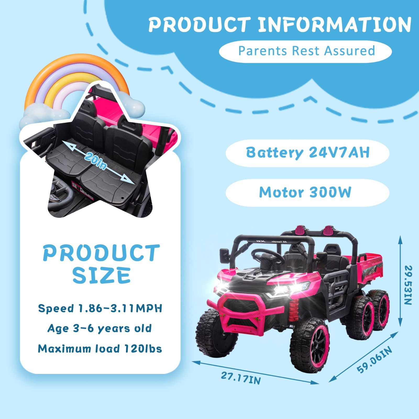 24V Kids Ride on Electric Car UTV w/Remote, LED, Battery Power Wheels Truck,Pink