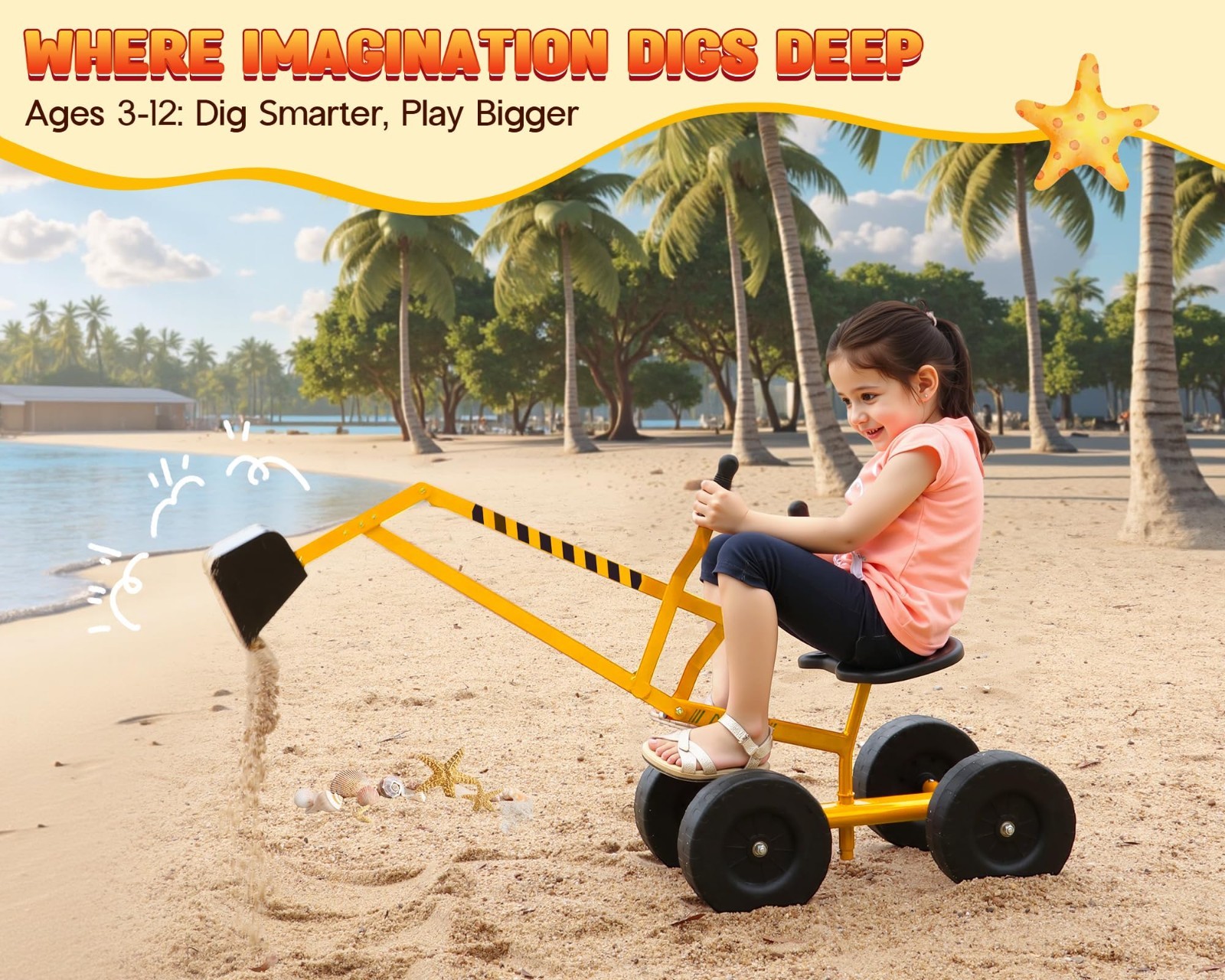 Ride-On Sand Digger Excavator Toy with 360° Rotating Seat & 8″ Wheels – Yellow