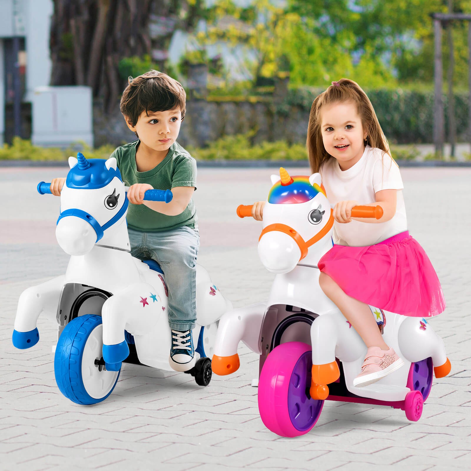 12V Kids Ride on Unicorn Toy w/ Training Wheels Music One-button Start Horse Toy