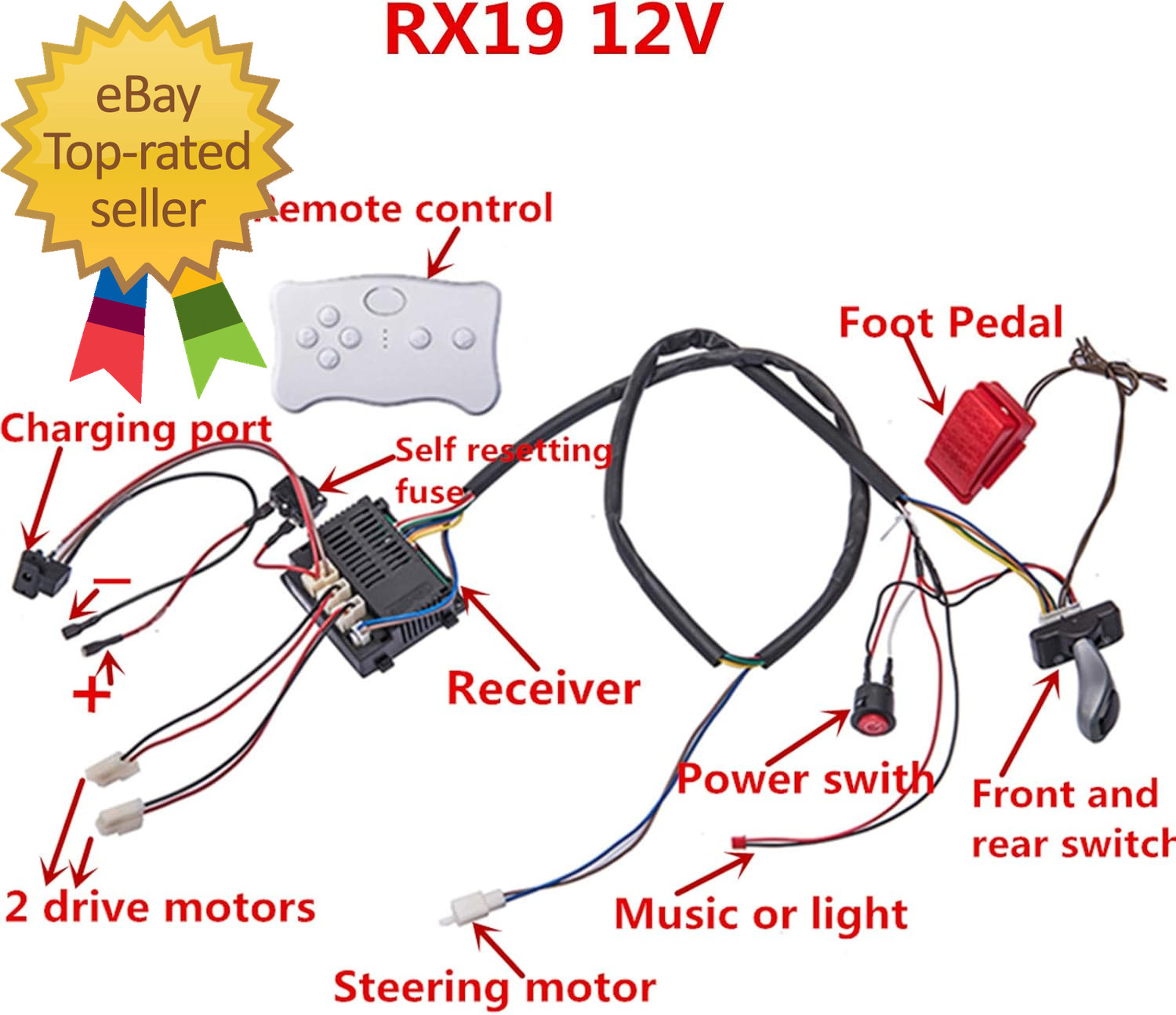 Kids Electric Cars 12V Wiring Harness Remote Control Circuit Borad Switch