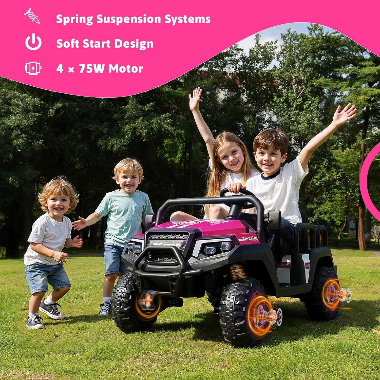 Electric Car for Kids, 24V 4 Seater Ride on Toys W/Parent Remote, 4 Wheeler Susp