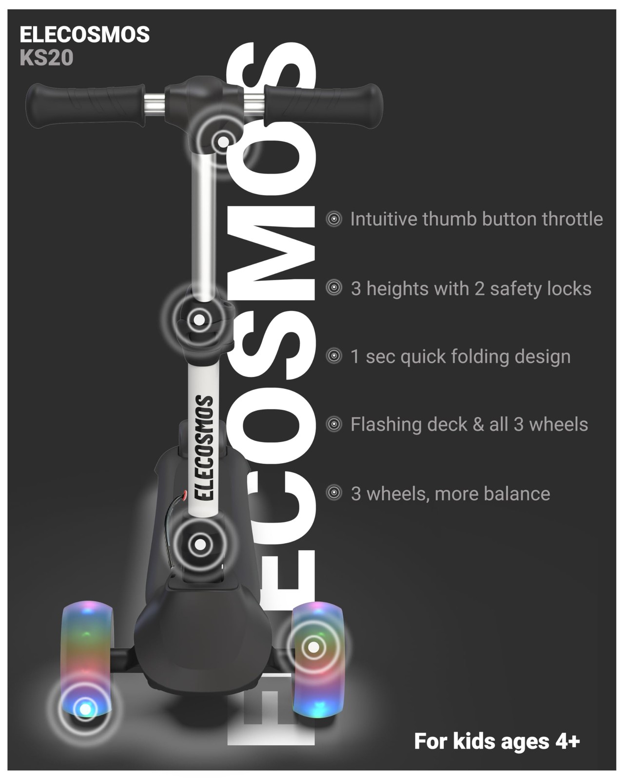 ELECOSMOS Electric Scooter for Kids Ages 5-8, 3 Extra Wide Light Up Wheels & …