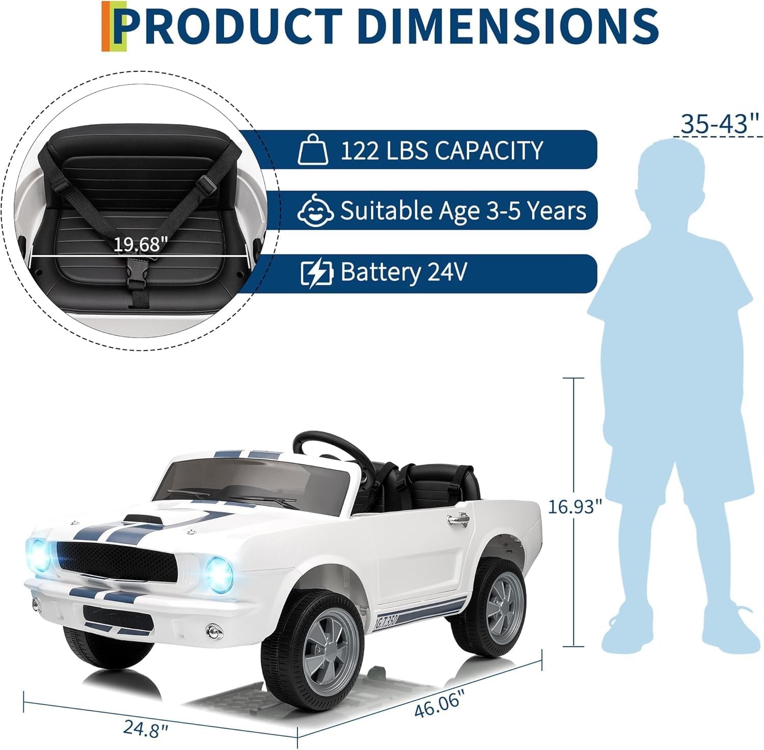 Licensed 24V Ride on Toy Electric Car with Remote Remote MP3 LED for Kids 3-8Yrs