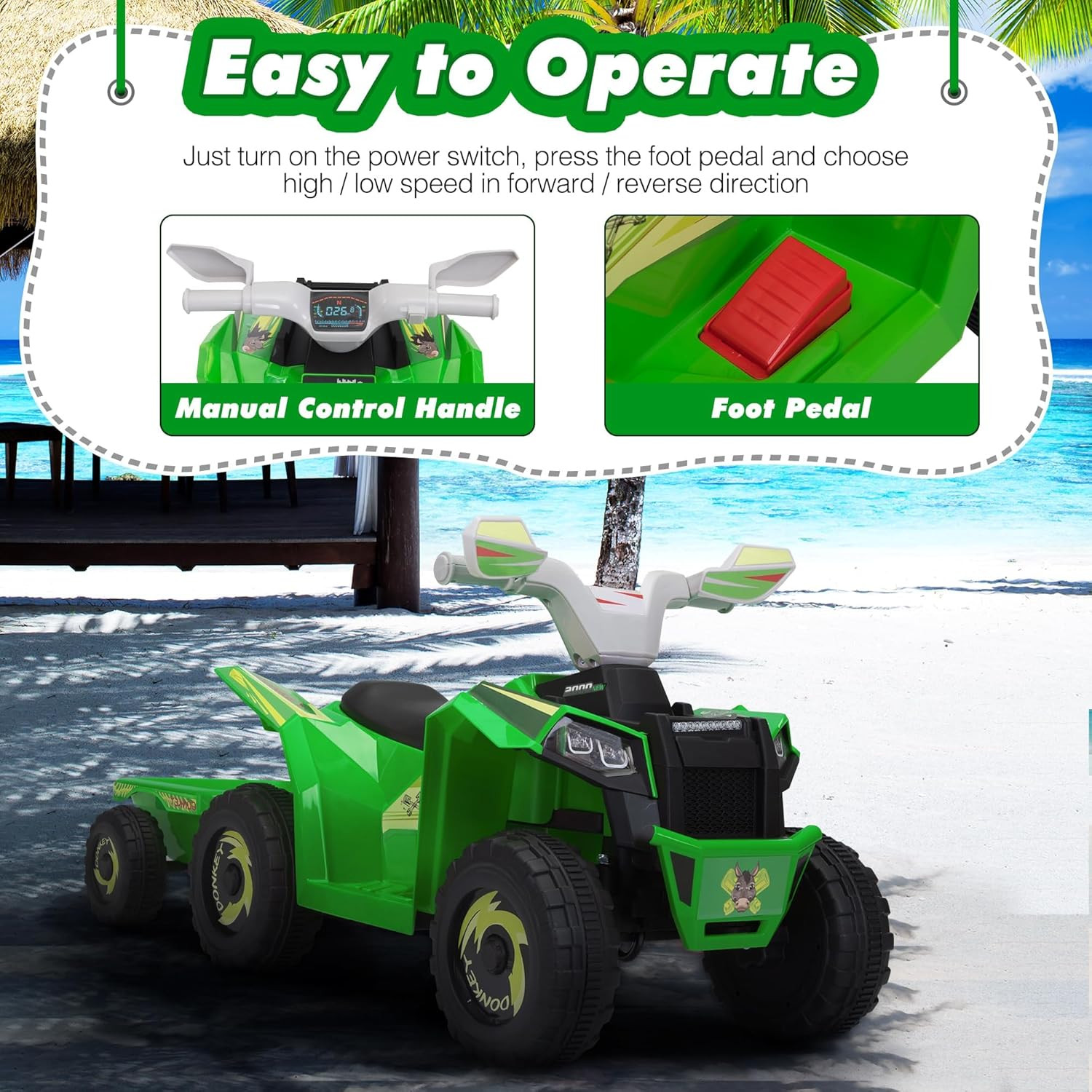 6V Electric Kids Ride on Toy ATV with Trailer, 4 Wheeler Powered Car, Toddler Ve