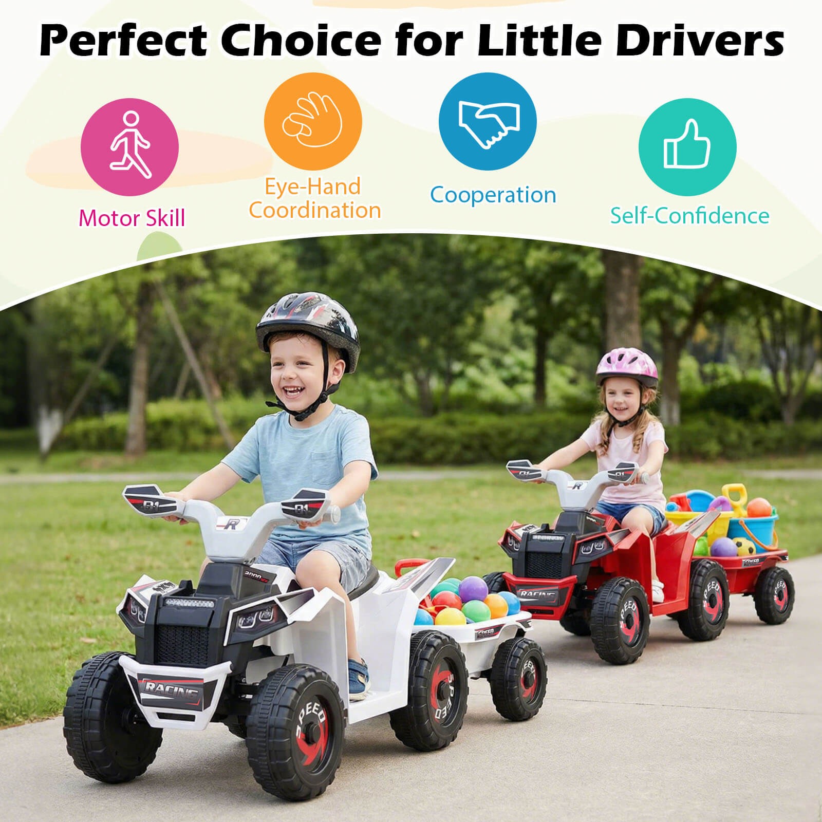 Kids Electric ATV Car, 6V Battery-Powered Ride on Toy w/Removable Back Trailer