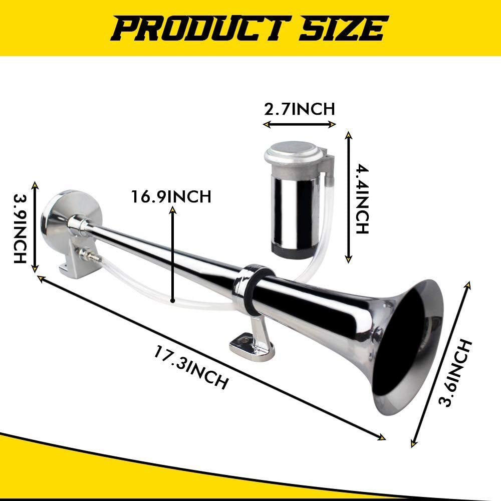 12V 150DB Car Air Horns, 18 Inches Chrome Zinc Single Trumpet Truck Air Horn wit