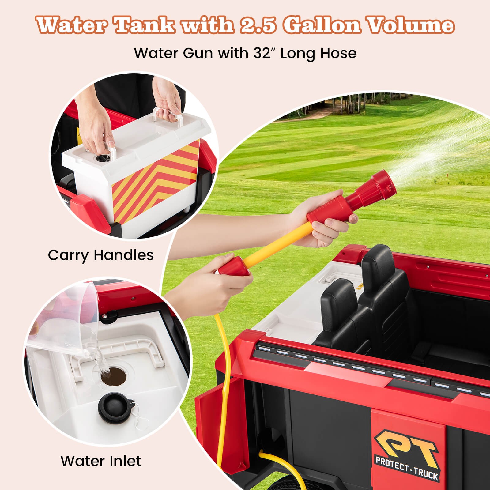 2-Seater Kids Ride on Fire Truck w/Remote Control Water Gun Extinguisher Shovel