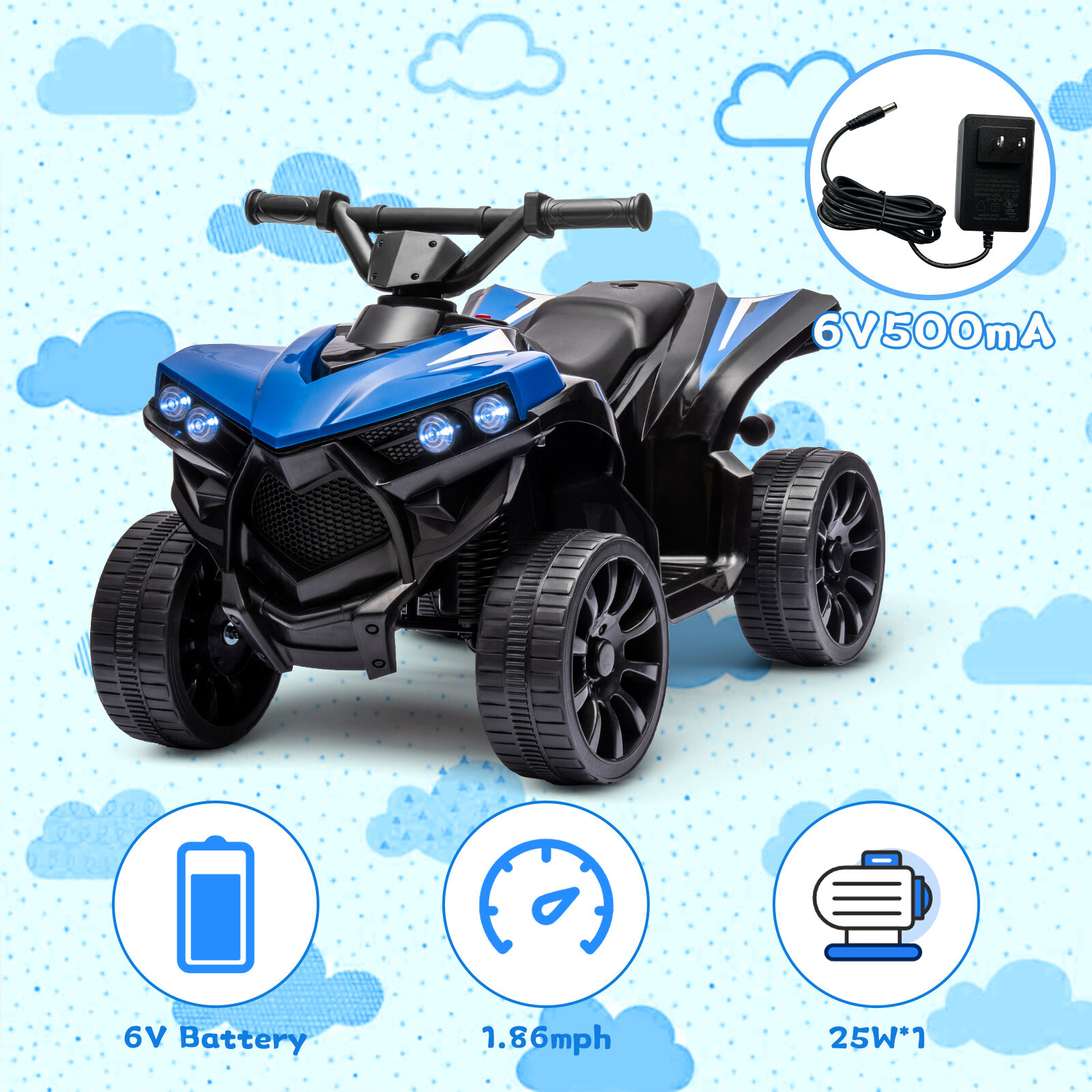 Kids Ride on Toy Car, 6V Battery Powered Quad Electric Vehicle with LED Lights