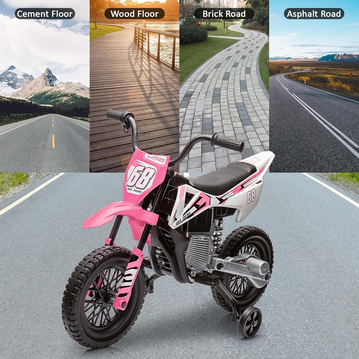 12V Kids Electric Dirt Bike with Training Wheels, Twist Grip Throttle, 3 Mph Max