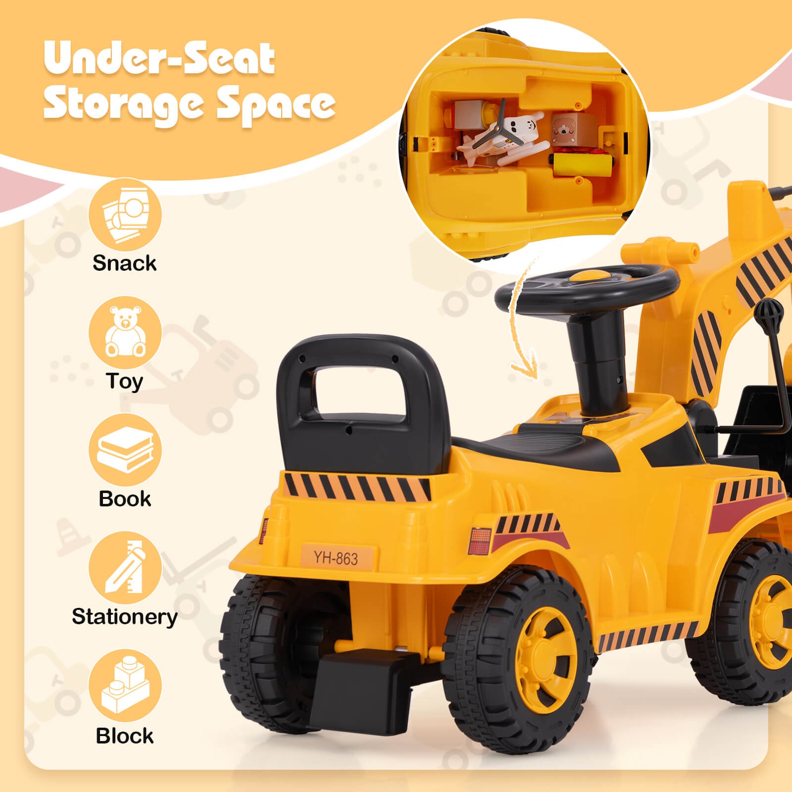 Kids Ride on Excavator with Adjustable Shovel Anti-Tipping Block Engine Sound