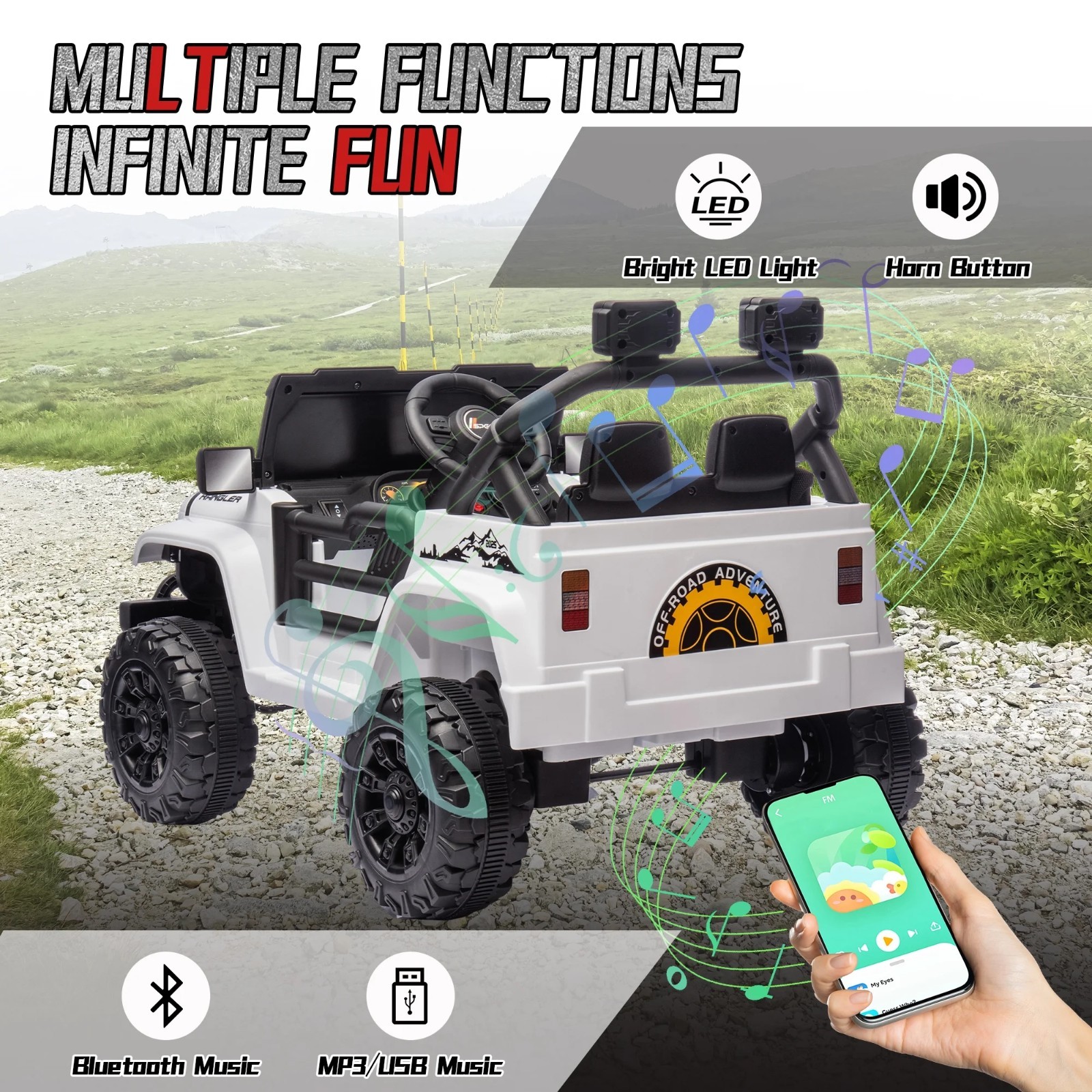 12V Ride On Toys UTV Electric Car for Kids w/Remote, LED,Battery Powered,White