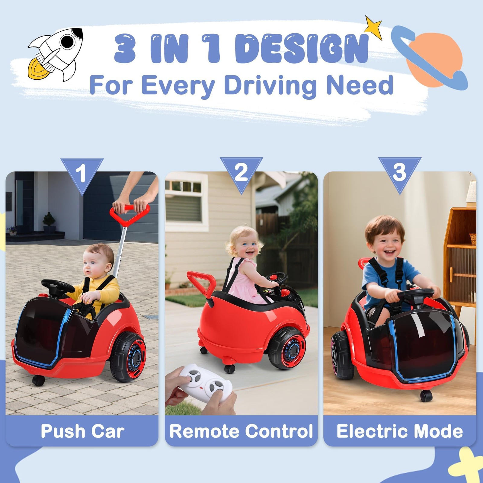 ANPABO 3-in-1 Electric Push Ride On Car, 12V Kids Ride On Toy w/Remote Contro…