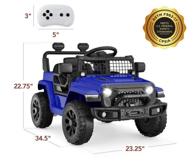 6V Kids Ride On Truck Car LED Parent Remote Control Jeep Blue Ages 3 to 5 Gift