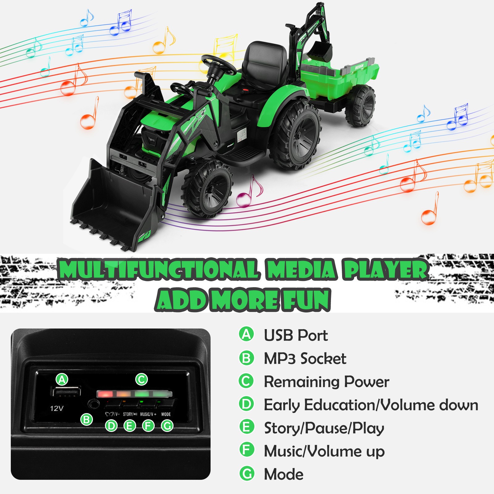3-in-1 Kids Ride On Excavator Bulldozer 12V Electric Tractor Remote w/ Trailer