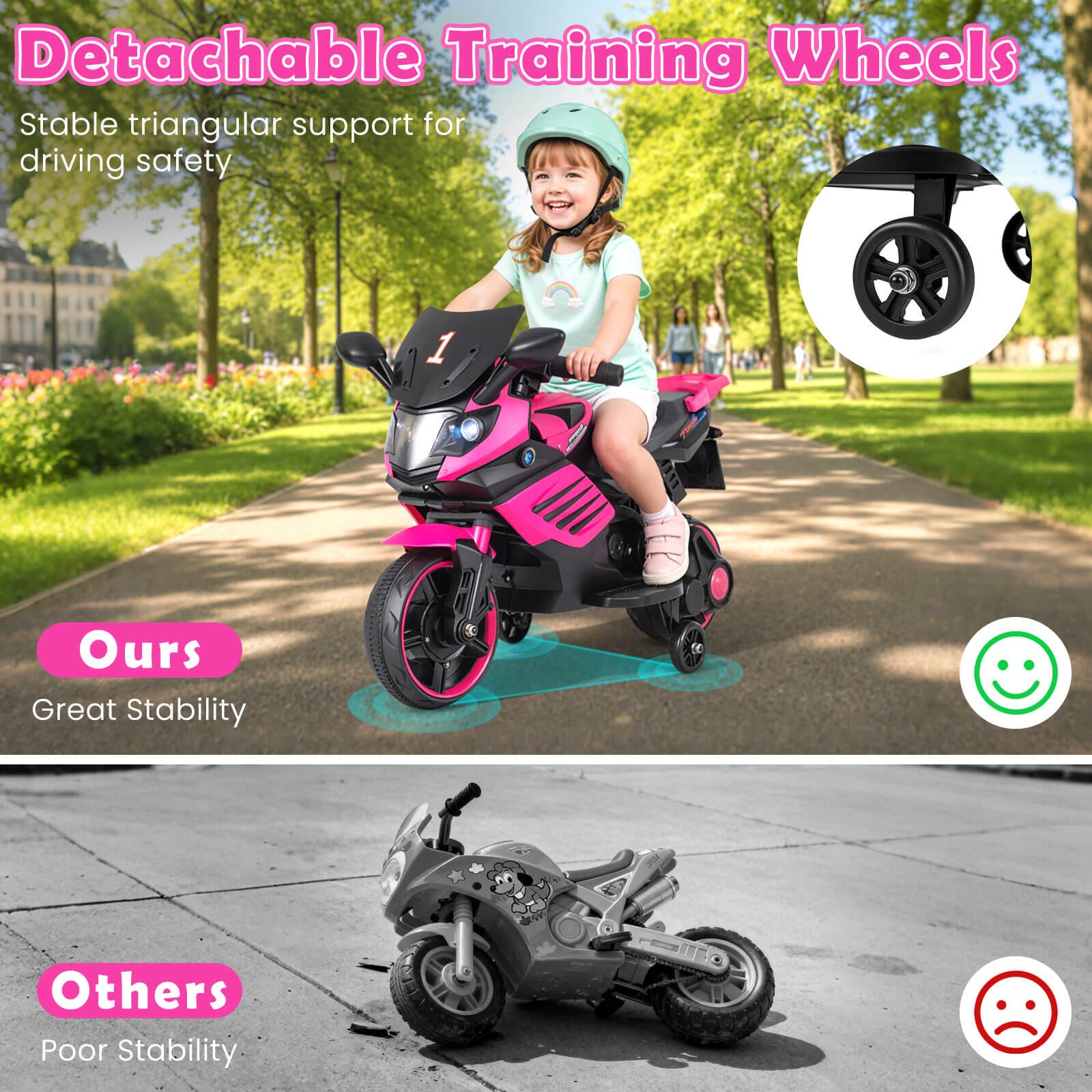 6V Kids Motorcycle w/Music, Horn, Detachable Training Wheels & LED Headlights