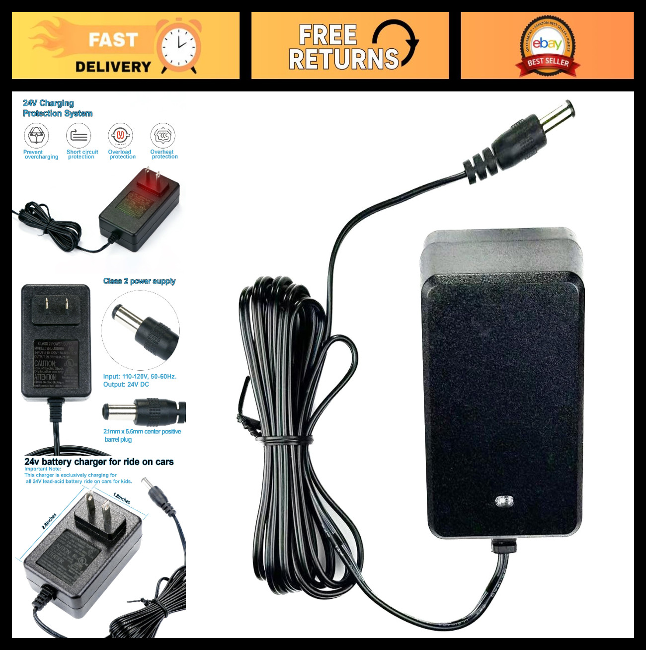24V Charger for Kids Ride-On Cars, 70″ Long with Indicator Light, Universal Fit