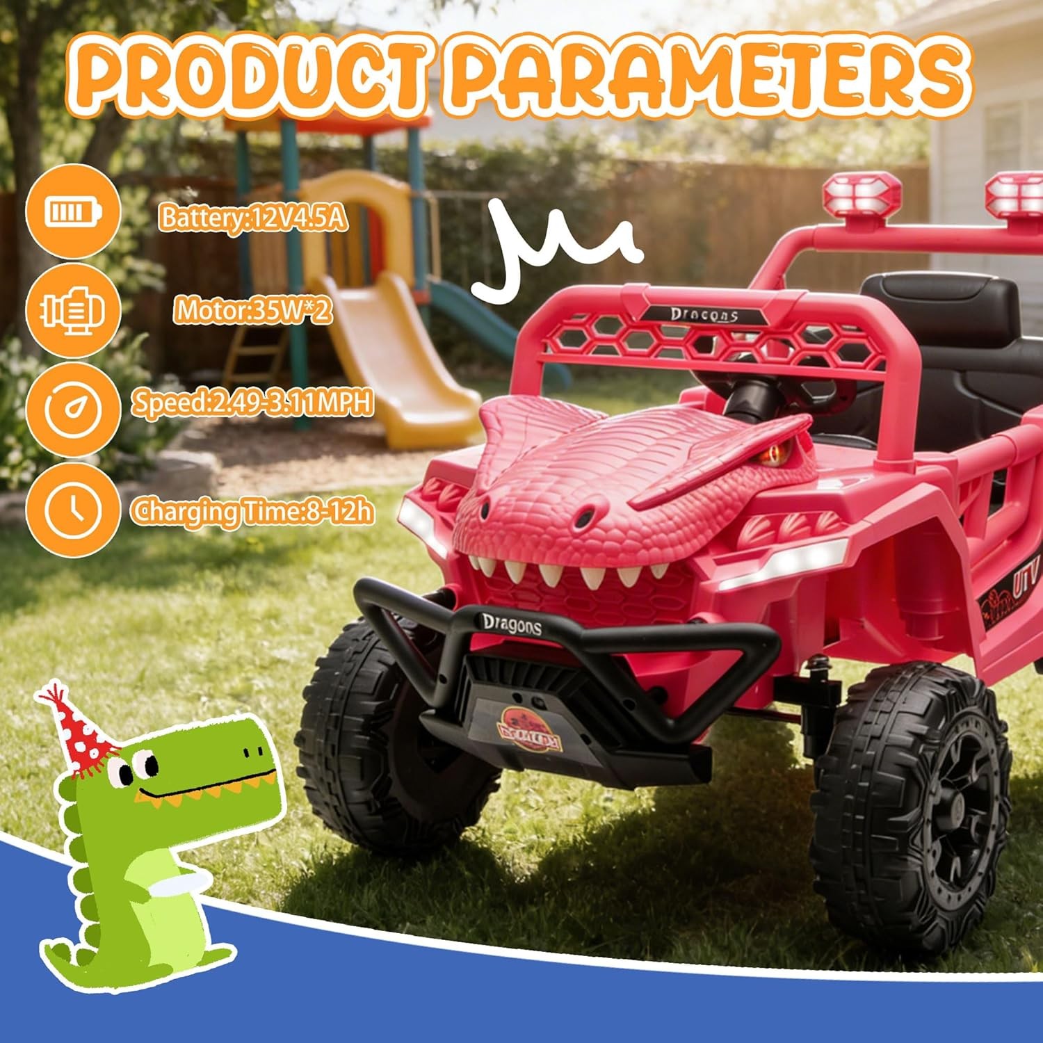 12V Dinosaur Ride On UTV Kids Electric Vehicle with Parent Control 3 Speeds 6…