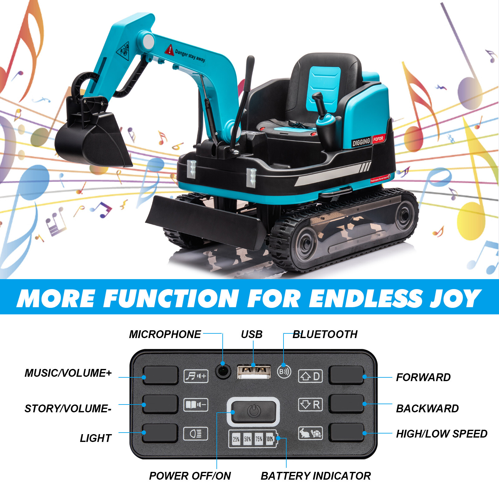 2in1 12V 360° Kids Blue Ride on Excavator Traxcavator Toys with RC