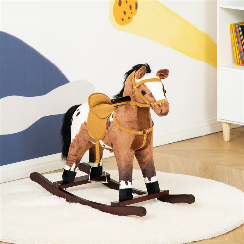 Kids Metal Plush Ride-On Rocking Horse Chair Toy w/ Sounds – Dark Brown/White
