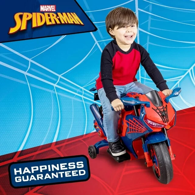 Kids Spider-Man 6V Battery-Powered Motorcycle w/ Working Headlights, Ages 3+