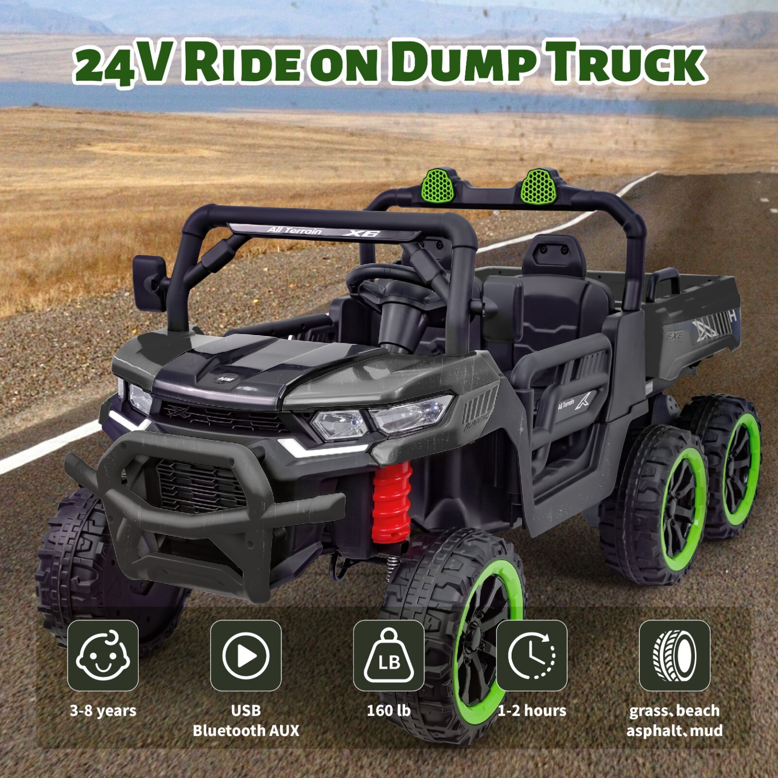 Black Kids 2 Seater Ride on Car 24V Electric Dump Truck 4WD Off-road UTV /Remote