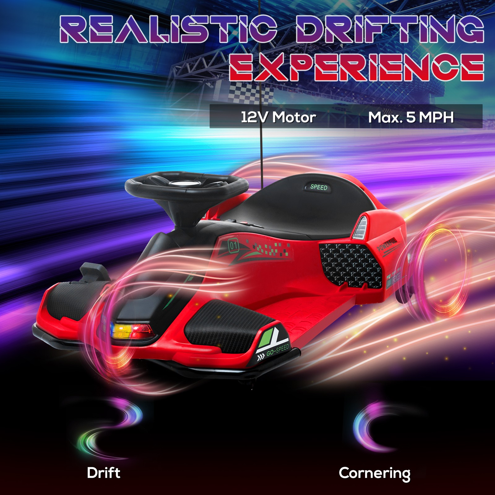 12V Electric Drifting Go Kart w/ Slow Start, Music, Lights, Red