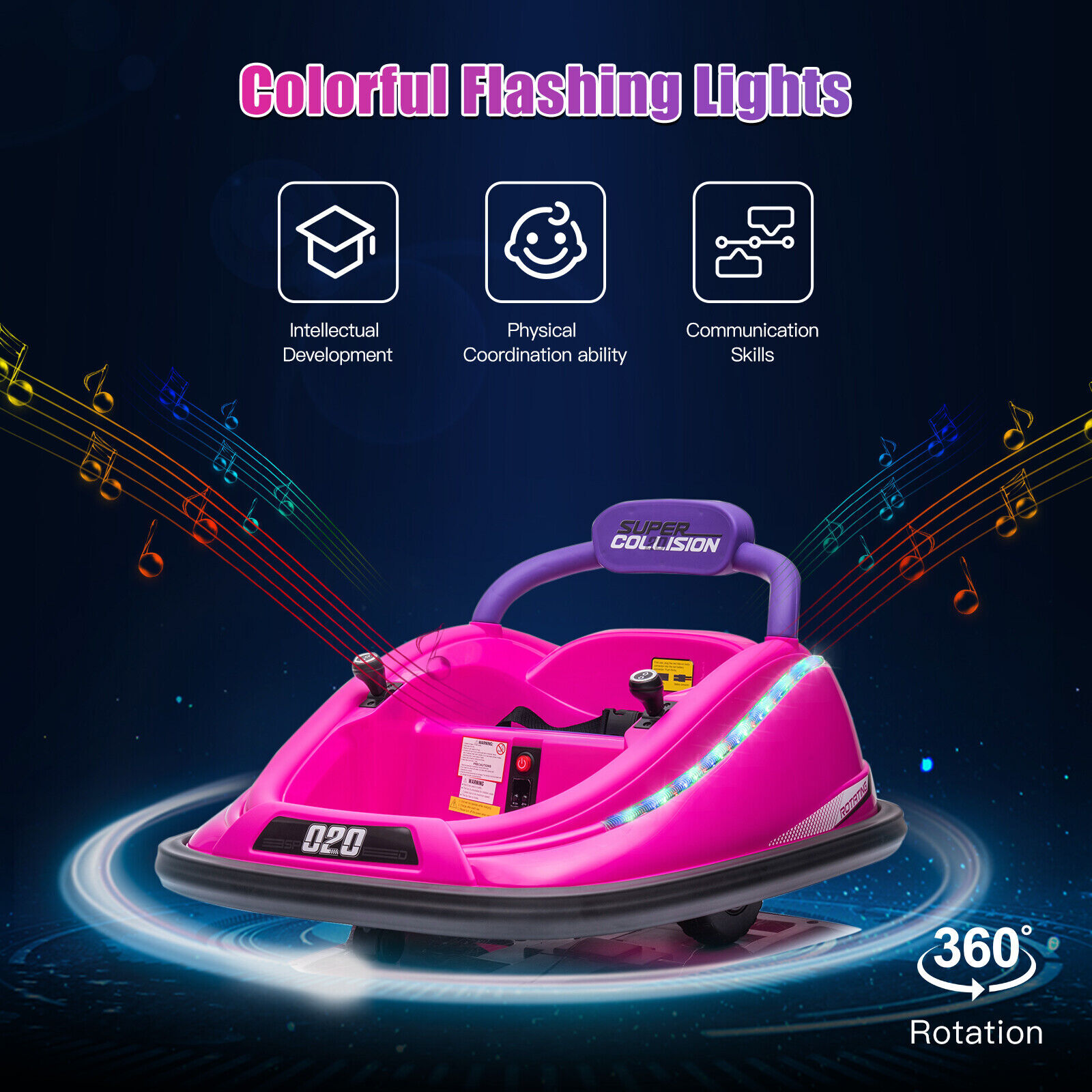 12V Kids Bumper Car Twins Motor w/Parent Remote Control LED Light 360° Rotation