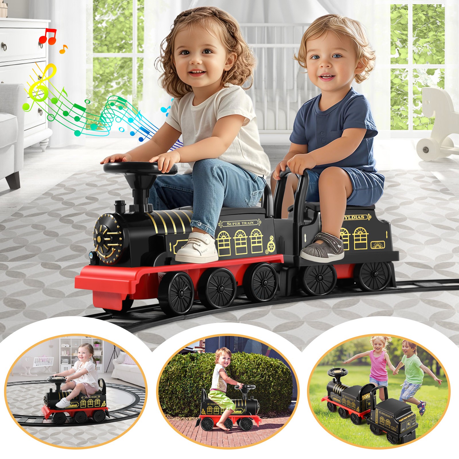 Black/Blue 6V Electric Kids Ride On Train 1-3years Toddler Toys with Track,Music