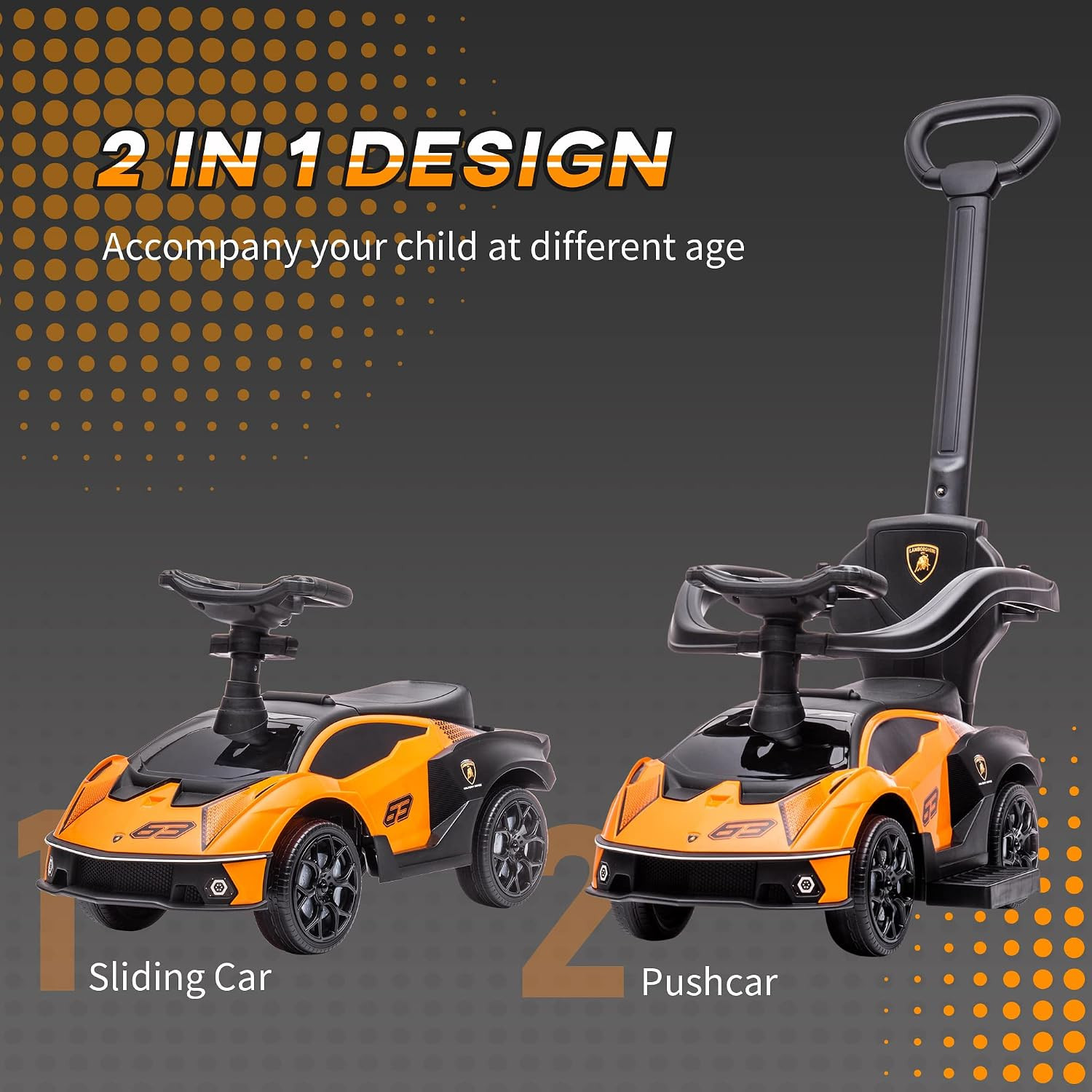 2-In-1 Ride on Push Car for Toddlers 1-3, Licensed Lamborghini Stroller Sliding