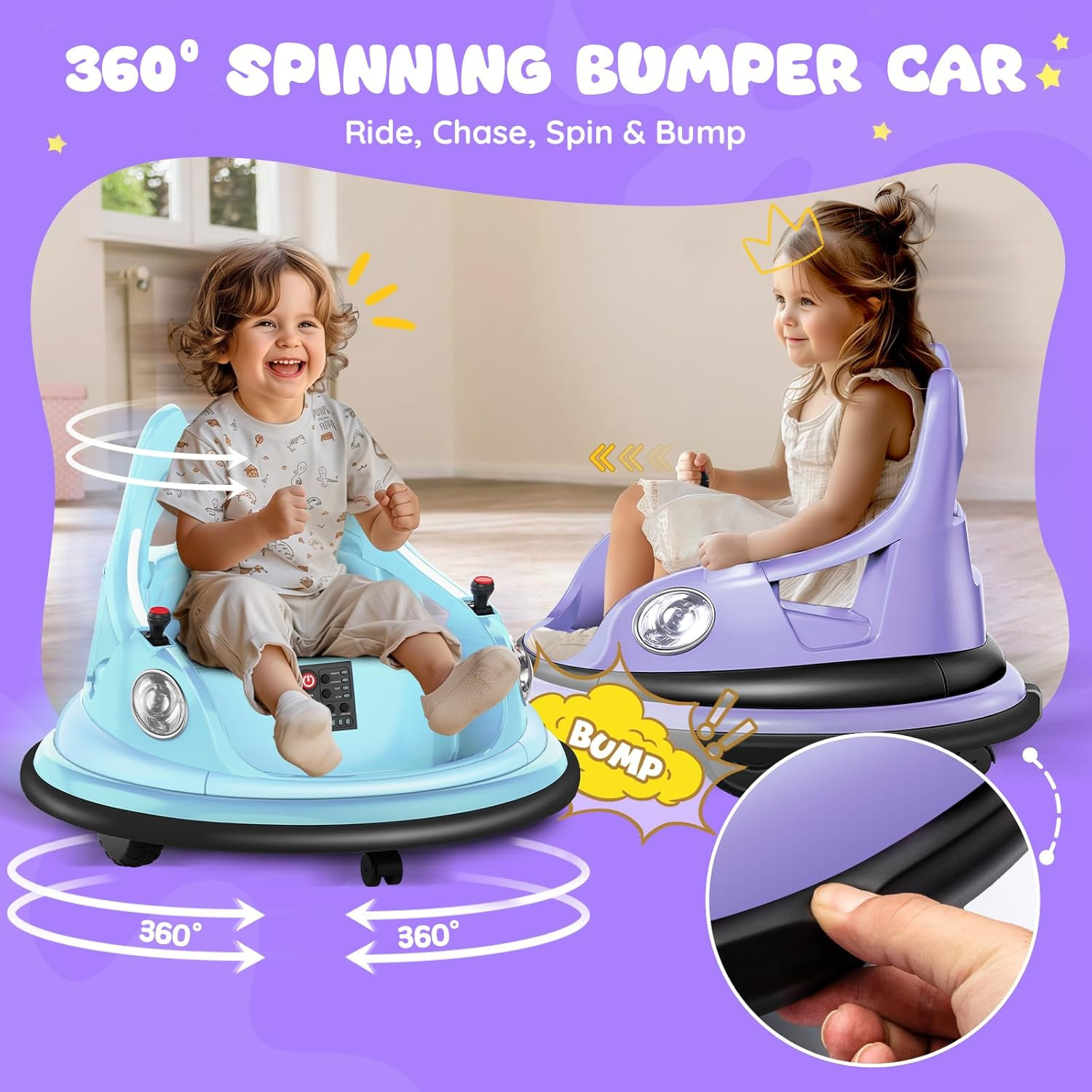 Lavender 12V Kids Bumper Car with Remote, 360° Spin, LED Lights & Music