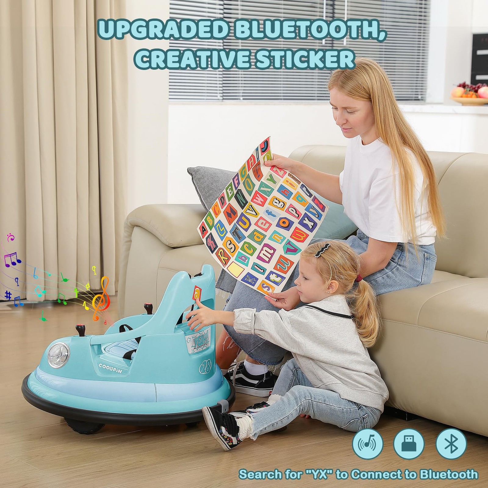 Light Blue Elemara Kids Bumper Car With Music Led Lights Remote Control 66 Lbs
