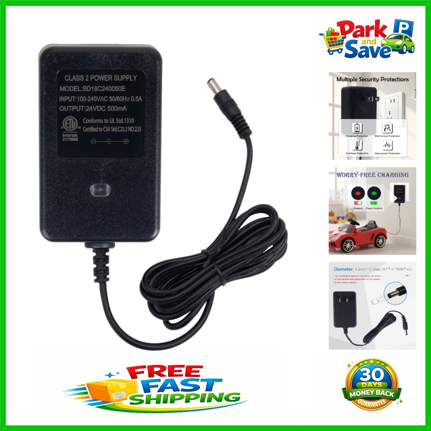 Universal 24V Charger for Kids’ Ride-On Cars with Overcharge Protection System