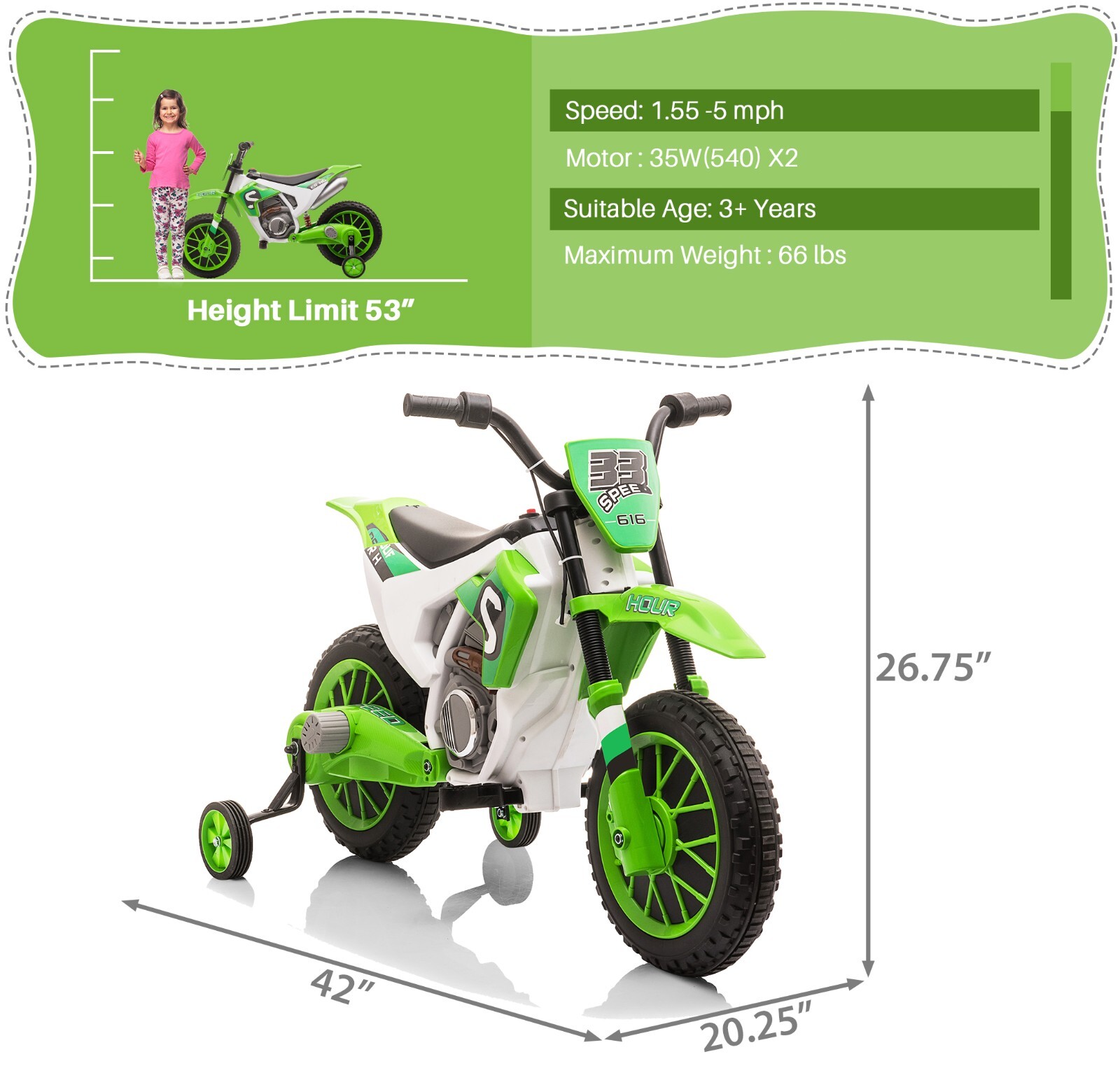 12V Kids Ride on Electric Motorcycle Kid Motorized Vehicles w/Training Wheels