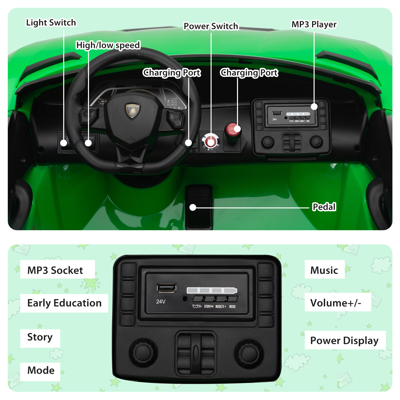 TOBBI 24V Kids Ride on Electric Car Lamborghini Licensed Battery Powered Kid Car