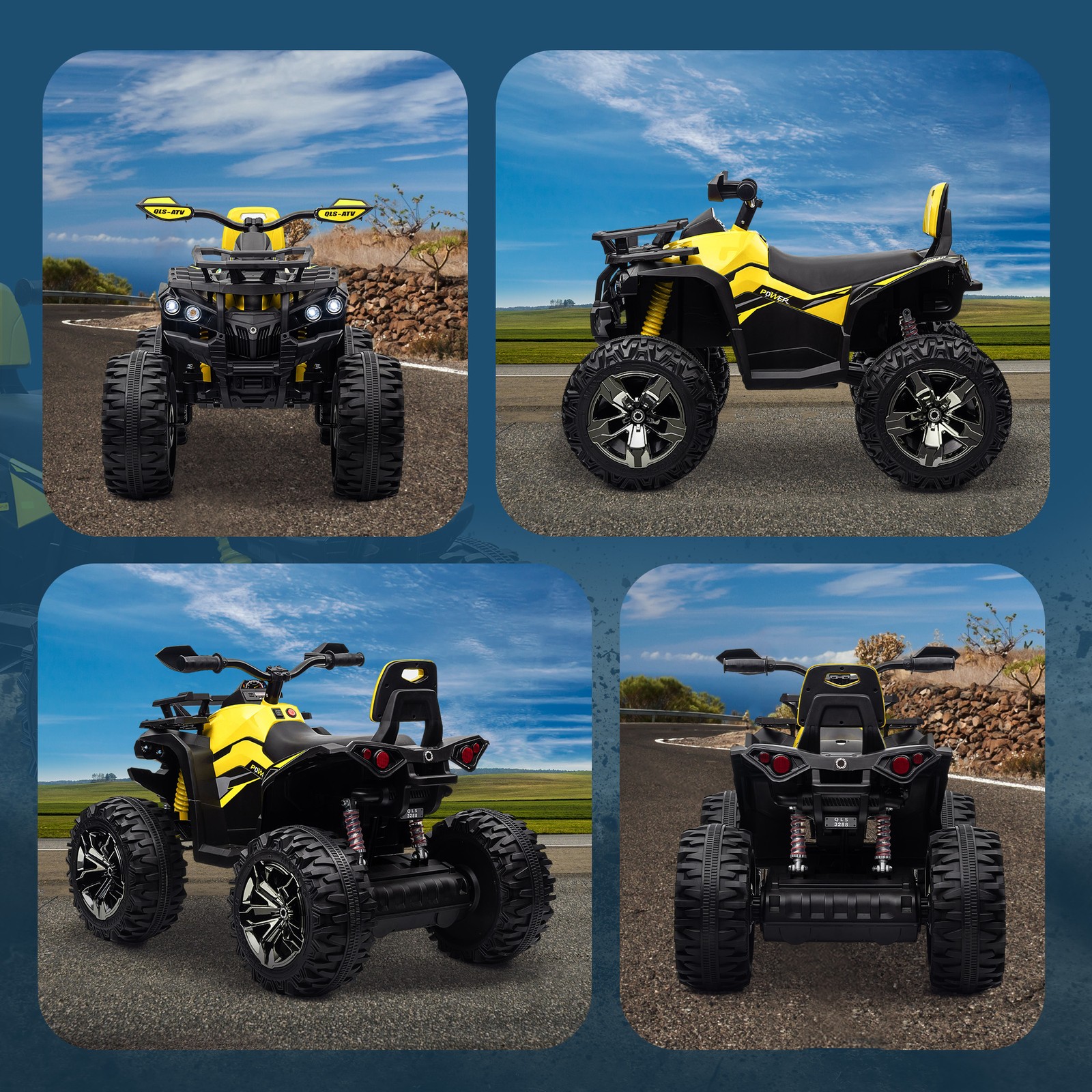 12V Kids ATV Quad Car Toy with Music & Headlights, Yellow