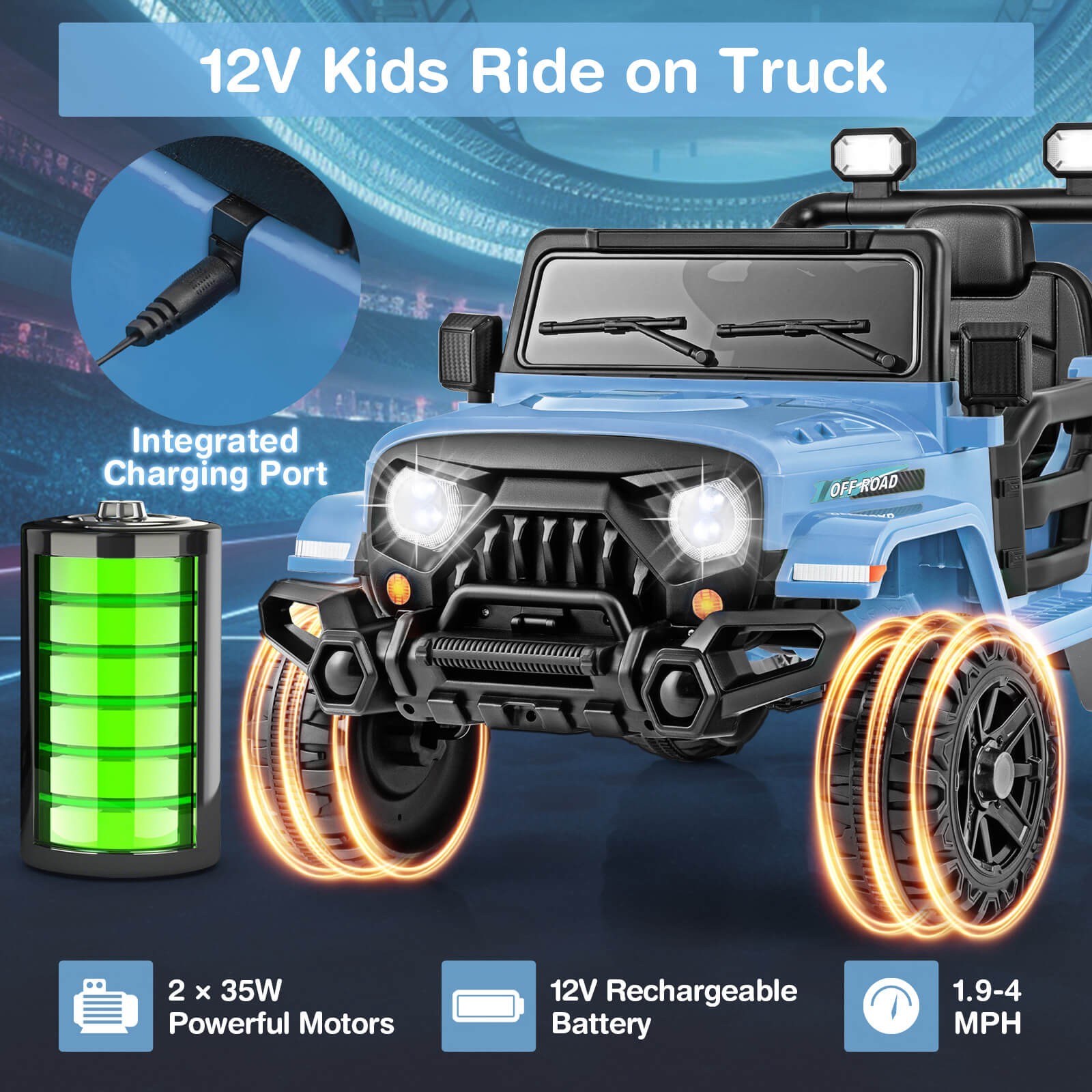 12V Kids Ride on Truck Car w/Remote Control, Threaded Wheels 3 Speeds LED Lights