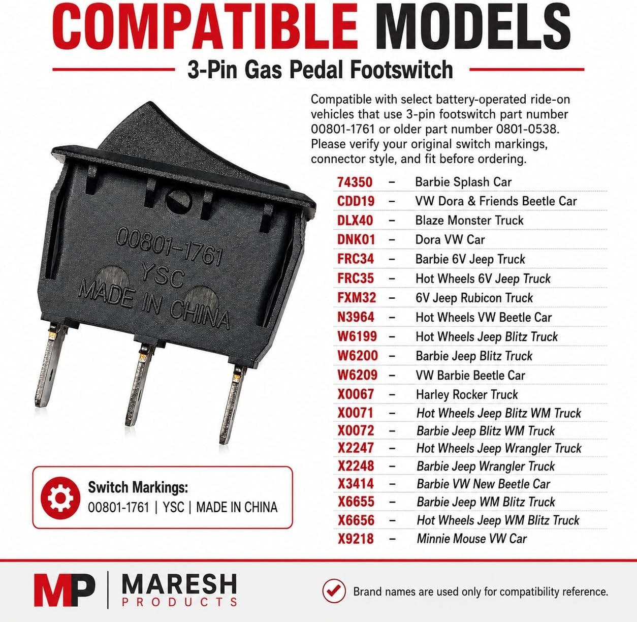 MP Maresh Products 3-Pin Foot Pedal Switch Replacement for Power Wheels 00801…